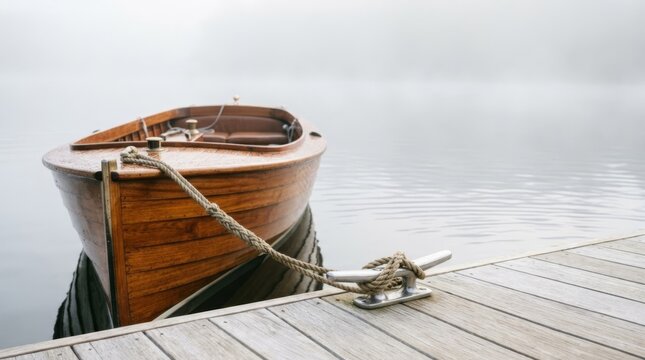 Wooden boat named Isabelle moored to a pier in dense morning fog on calm, reflective water