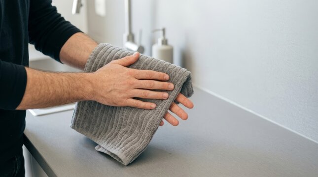 Man drying hands with ribbed towel at workplace wellness station, hygiene action on clean counter, neutral lighting, 35mm perspective