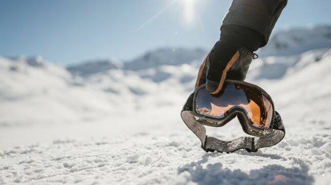 Gloved hand holding ski goggles with sun flare, reflecting mountains and snow, offering copy space for winter sports marketing