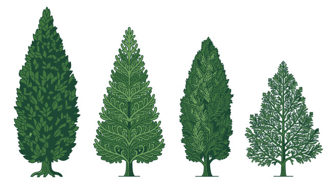 Eine Sammlung von vier verschiedenen gr&uuml;nen B&auml;umen in einer flachen grafischen Illustration, die verschiedene Baumformen und Blattstrukturen auf einem isolierten wei&szlig;en Hintergrund zeigt.