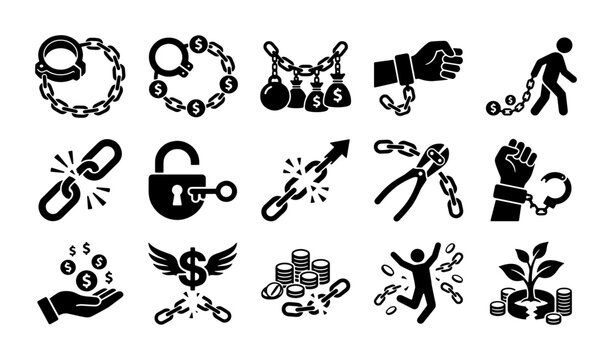 Financial freedom icon set, 15 debt and slavery vector symbols, broken chains and money shackles, economic liberation concepts for business