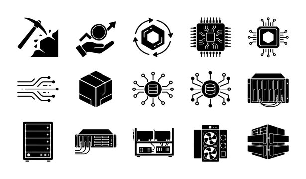 Cryptocurrency mining icons set, blockchain technology and digital currency hardware symbols, 15 black solid vector icons for fintech and data server concepts