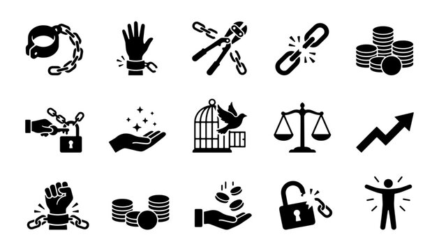 Financial freedom icon set, 15 black vector symbols of debt liberation and economic independence, broken chains and money growth concepts