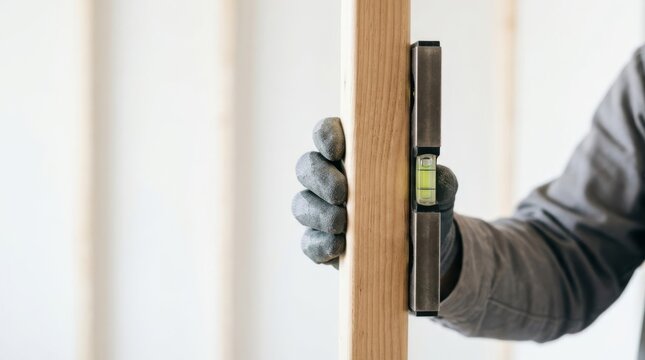 Gloved hand uses spirit level to check vertical stud for precise carpentry in home construction