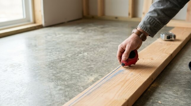 Builder marking wooden stud layout on concrete subfloor with chalk line for home renovation, close-up of construction detail