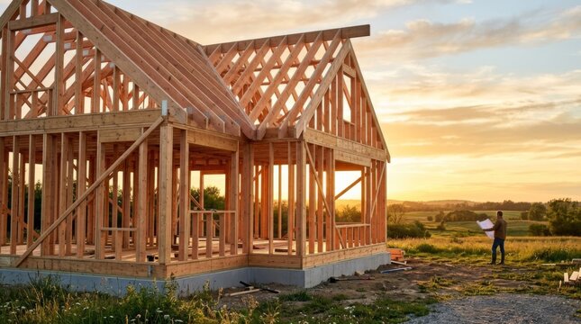 New home construction framing at golden hour, architect reviewing plans for residential building project.