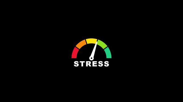 Stress level speedometer gauge animation. Emotional pressure indicator dial on black