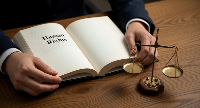 Man reading human rights book beside golden scales of justice on desk