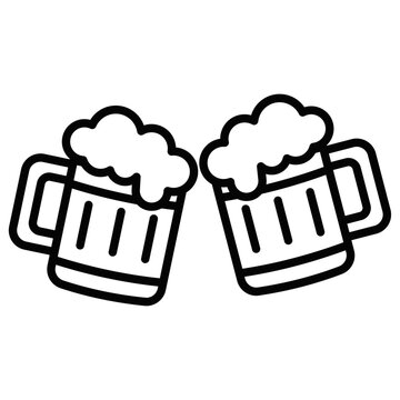 Two Beer Mugs Cheers Line Icon, Toasting Glasses with Foam 