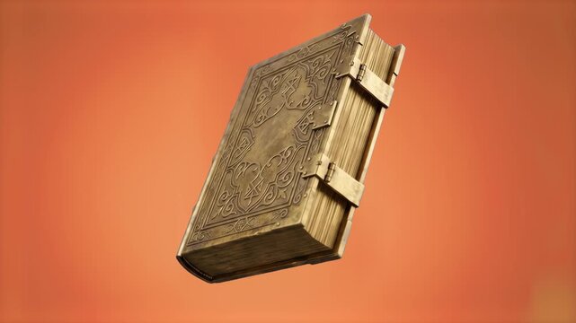 Detailed 3D model of an ancient leather-bound tome or spellbook with metal clasps, isolated against a warm orange background. Ideal for fantasy game UI design, magic store promos, educational storytel