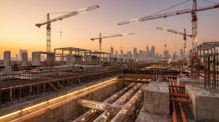 Naklejka premium Tower cranes, precast concrete segments, sensor conduits, and utility trenches at a smart infrastructure construction site.
