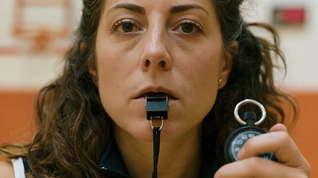 Woman coach blowing whistle and holding stopwatch. Professional trainer overseeing game or training session. Sports instructor managing match or exercise time. Leadership and discipline concept.