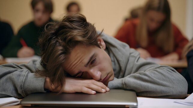 Tired student boy sleeping on top of laptop in classroom. Bored teenager resting head on desk during lecture. Concept of academic burnout, exhaustion and study pressure in school education.