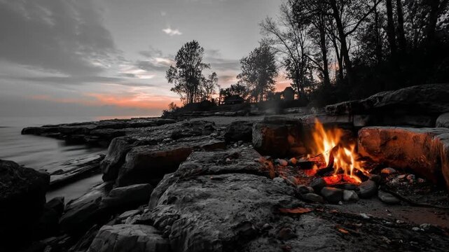 Campfire burning on rocky shoreline at twilight