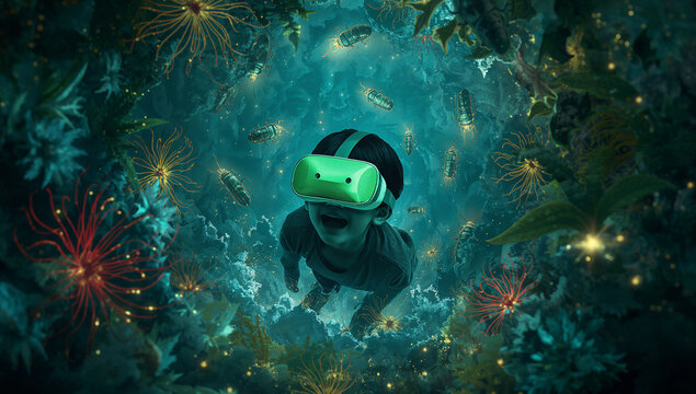 緑色のVRヘッドセットを着用し巨大な木の葉や光るカブトムシが浮遊するミクロの自然世界を見る男の子