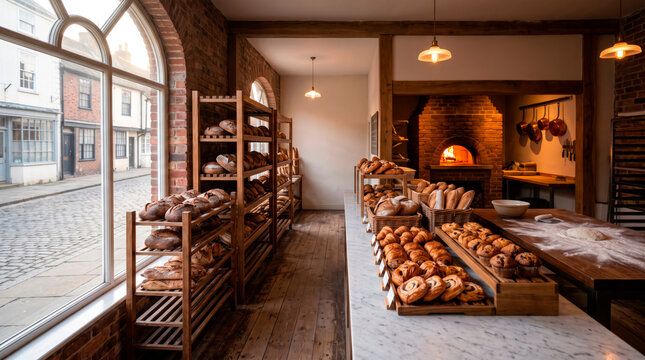 A charming bakery interior filled with freshly baked bread and pastries, featuring a traditional brick oven and large windows