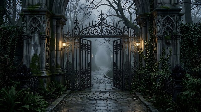 Old iron gates opening to a spooky dark forest path at night with glowing lanterns on the wall