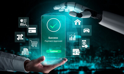 Fototapeta premium Futuristic Interface for Payment Approval with Robot Hand Interacting with Touchscreen Display, Reflecting Technology and Innovation in Digital Transactions. Glyphic.