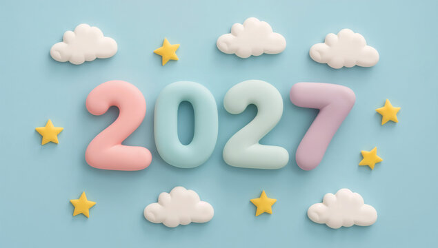 パステルカラーの粘土を手でこねて作られた2027の立体文字と可愛い星と雲のイラスト
