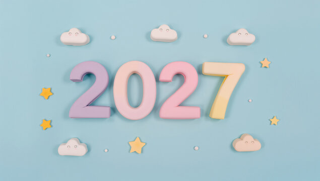 パステルカラーの粘土を手でこねて作られた2027の立体文字と可愛い星と雲のイラスト