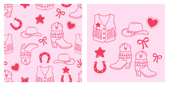 Cute pink cowgirl seamless pattern with western boots, cowboy hat, fringe vest, horseshoes, hearts, stars and bows, playful rodeo design for girls fabric and apparel.
