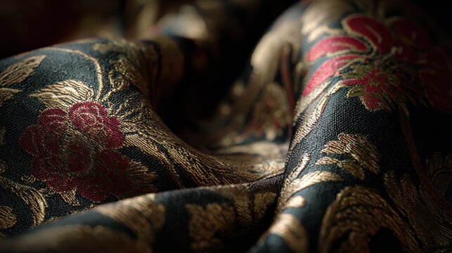A close-up of intricate, dark fabric with gold and red floral embroidery. Luxury fashion theme.
