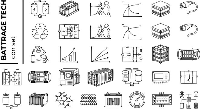 Battery and Energy Storage Technology Technical Line Art Icon Set with Lithium-Ion Cell, BMS Circuit, Solid-State Battery and EV Battery Pack, 25 Icons for Energy and EV Industry, Editable Strokes