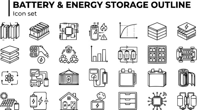 Battery and Energy Storage Technology Outline Icon Set with Lithium-Ion Cell, BMS Circuit, Solid-State Battery and EV Battery Pack, 25 Icons Editable Strokes