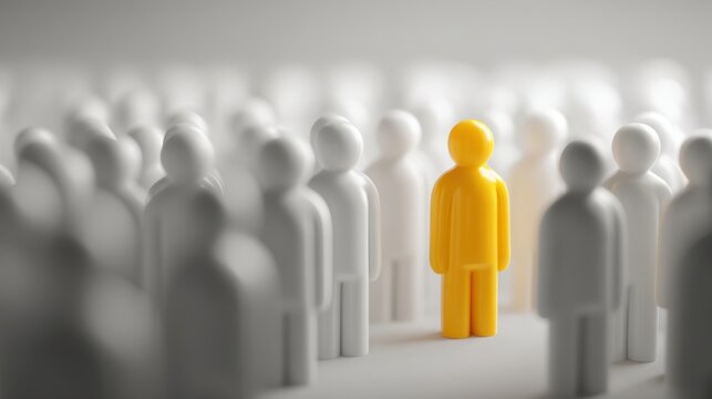A single yellow figure standing out in a crowd. Leadership and unique individual concept.