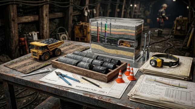 Coal and shale core samples with roof bolts, haul truck, headlamp, drafting compass, and safety cones for underground mine stability planning.
