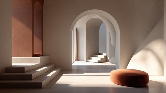 Modern minimalist interior with arches and soft light. Ideal for luxury architectural design.