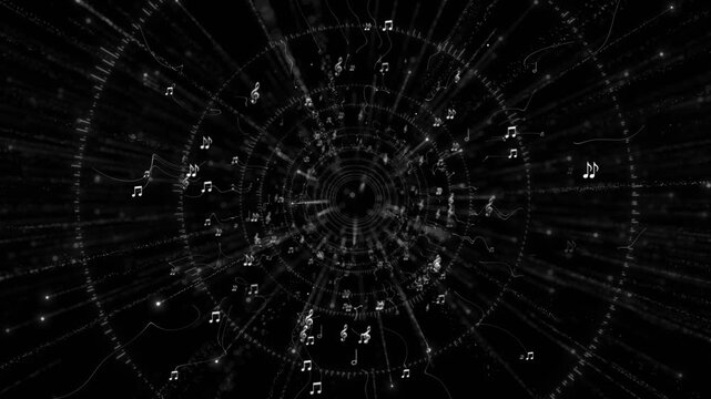 Monochrome audio notes motion visual with musical symbols flying through a dark radial tunnel and glowing sound rings. Perfect for lyric videos, DJ intros, concert graphics, and animated overlays.