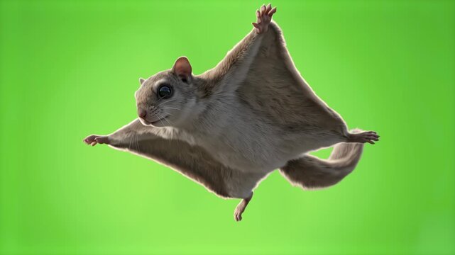 A detailed 3D model of a flying squirrel gliding mid-air with outstretched patagium membranes, isolated on a chroma key green screen background. Ideal for wildlife documentaries, animal animation over
