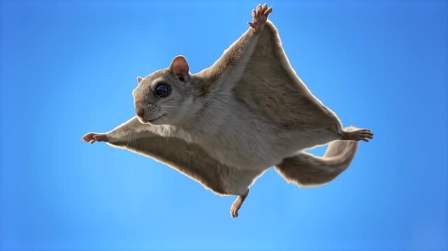 Detailed 3D animation of a cute flying squirrel gliding with patagium stretched wide, isolated on a chroma key blue screen background for VFX and video production.