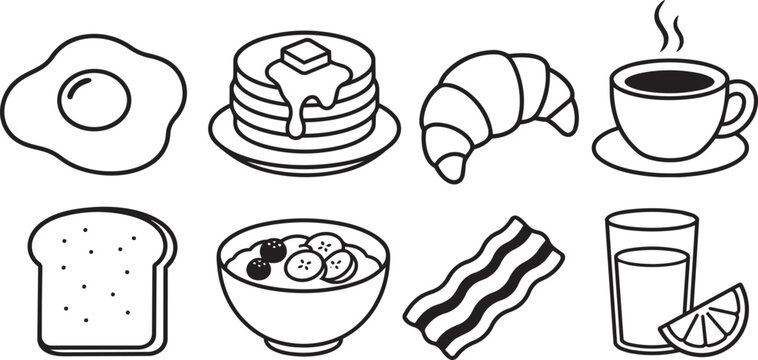 Breakfast food icons set featuring pancake egg coffee and bacon