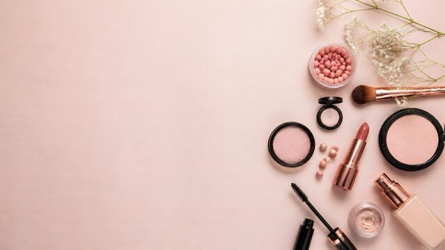 Elegant makeup cosmetics set flat lay on a pastel pink background with copy space, featuring luxury lipstick, mascara, powder, foundation bottle, makeup brush, and delicate flowers.