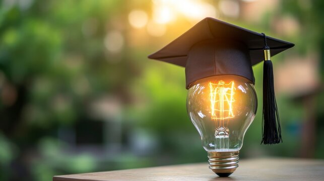 Graduation cap on a glowing lightbulb, symbolizing education and bright ideas.
