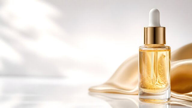 Luxury cosmetic serum bottle with gold flakes on soft beige satin fabric background, premium skincare facial oil dropper mockup for beauty product branding, minimalist elegant studio photography