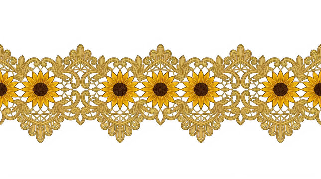 Seamless border with golden sunflowers and lace pattern