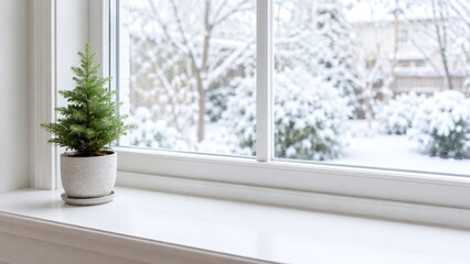 Fototapeta premium 雪景色の窓辺と小さな観葉植物 冬のコピースペース背景