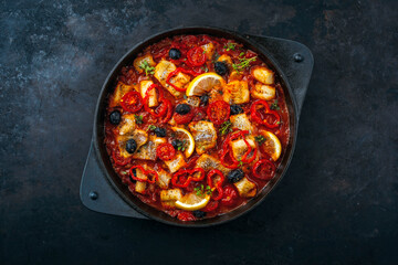 Naklejka na ściany i meble Slow cooked fish stew with tomato souce, vegetable and olives in cast iron casserole
