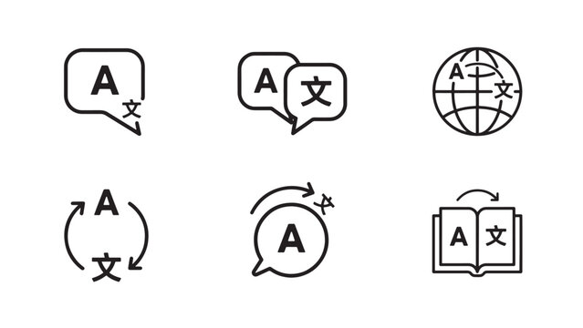 &ldquo;Minimalist line-style vector illustration of six translation and language icons, including speech bubbles, globe, arrows, and book with multilingual symbols. Clean, modern, and professional design fo