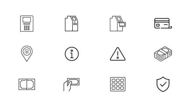 &ldquo;Minimalist line-style vector illustration of 12 banking and ATM icons, including card reader, ATM, credit card, location pin, info, warning, cash, keypad, and shield. Clean, modern, and professional 