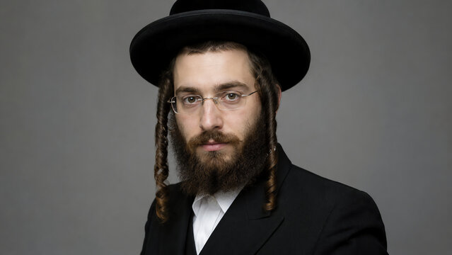 Portrait of a religious Jewish man with a beard, sidelocks, glasses, black hat, and jacket against a grey background.