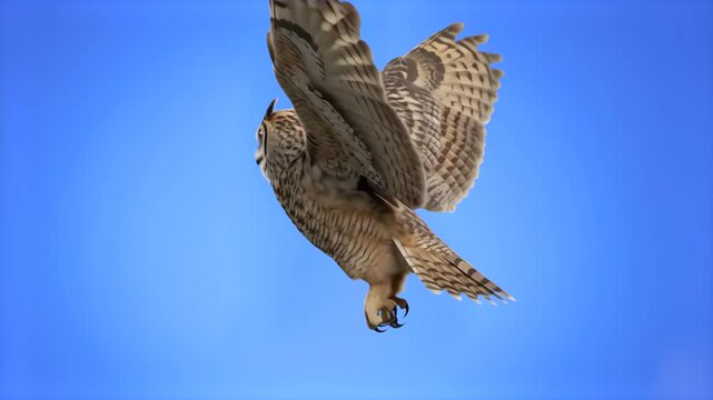 Majestic owl flying with open wings, isolated against a bright clear blue background. Excellent for video compositing, nature documentary overlays, wildlife promo clips, cinematic flight scenes, and e