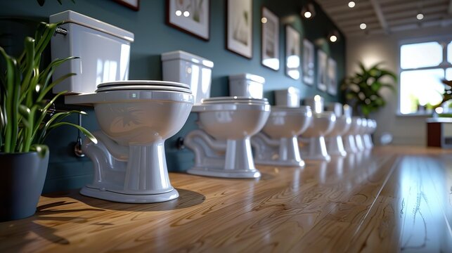 Modern bathroom showroom featuring a display of elegant white ceramic toilets in a row