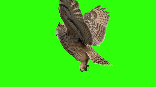 Realistic 3D animation of a large predator owl flying through the air with fully extended wings, isolated on a chroma key green screen background for video editing and VFX keying.