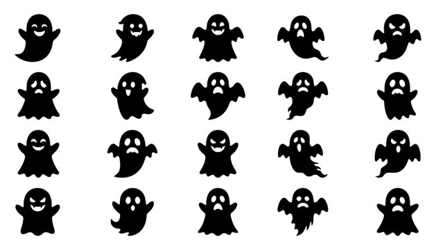 Collection of halloween ghost silhouettes featuring various expressions and poses halloween silhouette collection isolated character