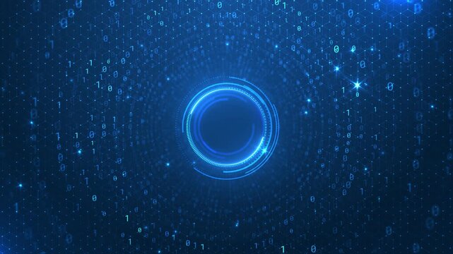 Cyber binary code interface visual blue glowing portal rings, hex pattern, floating digits, futuristic digital depth. software promos, hacking scenes, AI explainers, network clips, and motion overlays