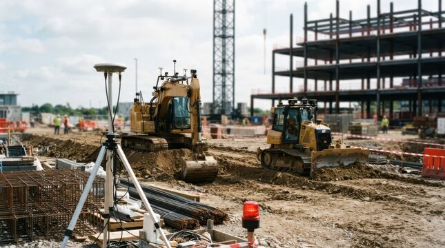 Autonomous construction site with driverless excavator, robotic bulldozer, GNSS antenna, red beacons, stacked rebar, and earth berms.